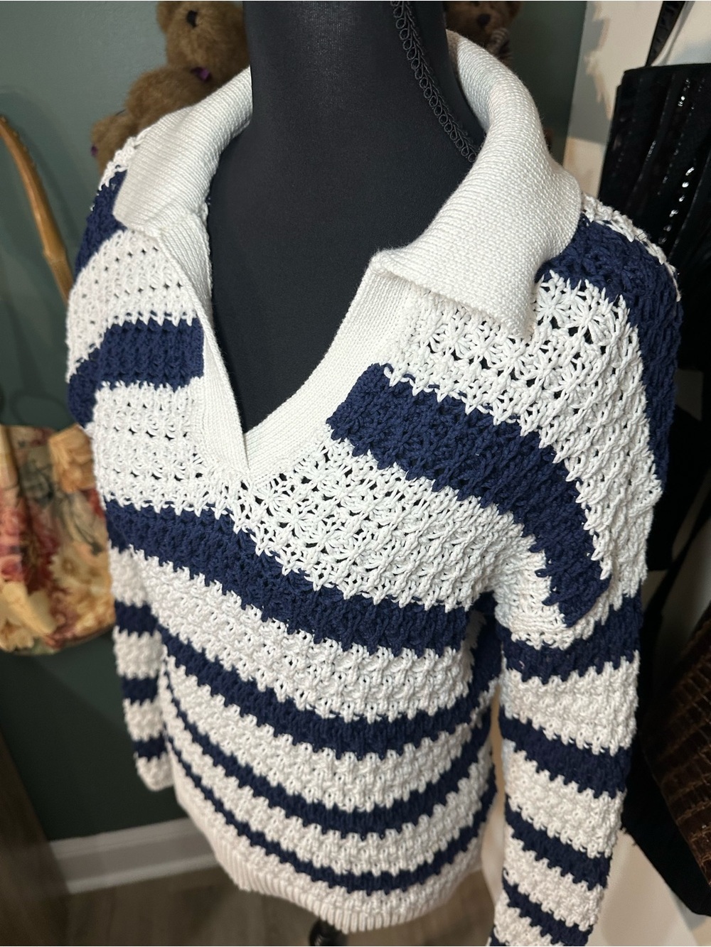 Talbots Coastal Grandmother Open Knit Sweater Navy Stripe Preppy Size S - Picture 6 of 6